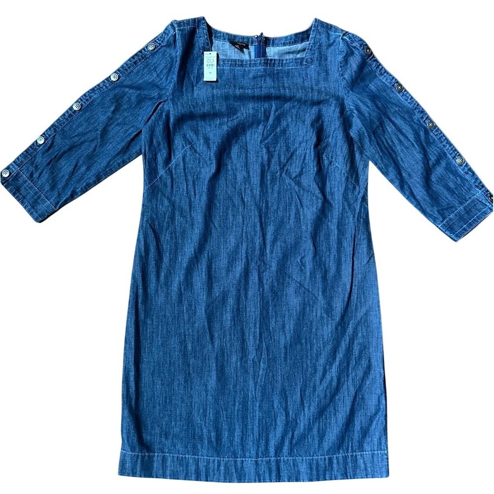 Talbots Chambray Denim Dress Button Embellished Sleeves Country Casual Sz 8P NWT